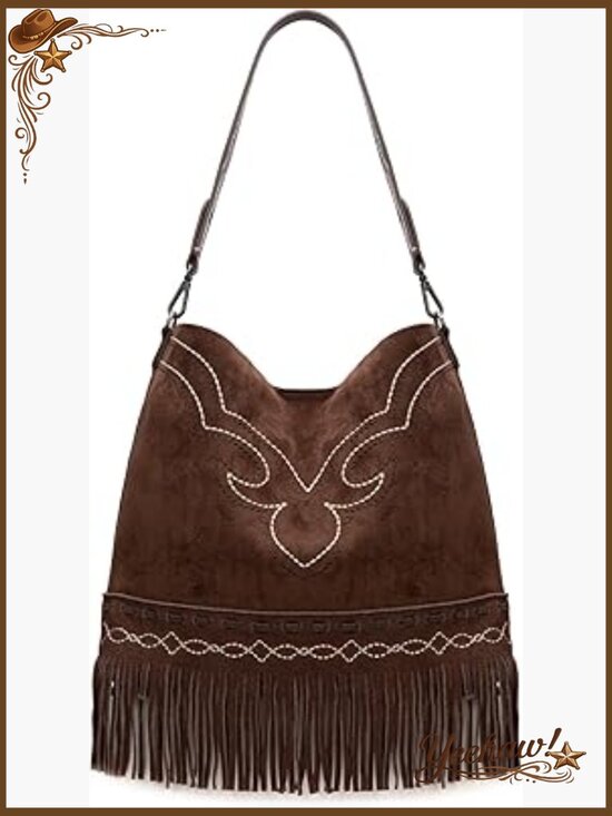 Handbags - Fringe Suede Hobo Bag with Embroidered Strap